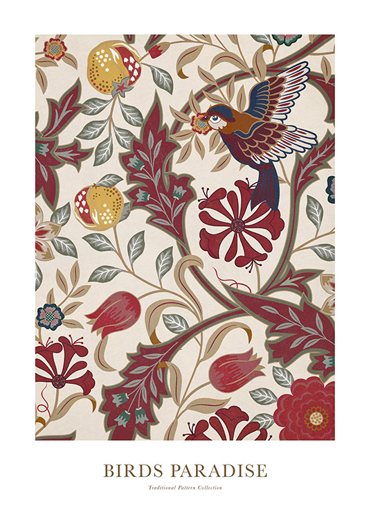  – Ilustración con un pájaro y flores rojas, grises y beis, fondo beis claro