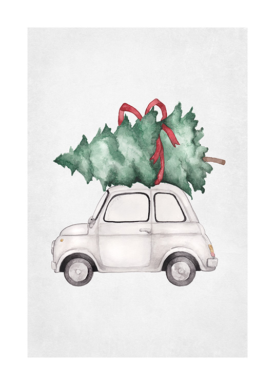  – Ilustración con un coche pequeño que lleva en el techo un árbol de Navidad con una cinta roja