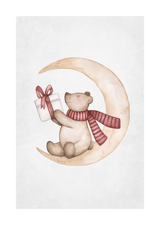 – Ilustración con un oso con bufanda roja en un luna y con un regalo de Navidad en la mano