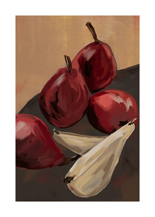  – Ilustración a mano con peras beis y burdeos, fondo beis y marrón