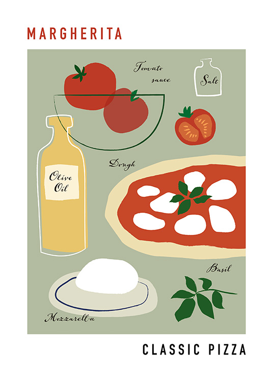  – Ilustración de diseño gráfico con la lista de los ingredientes de una pizza margarita, texto y fondo verde grisáceo