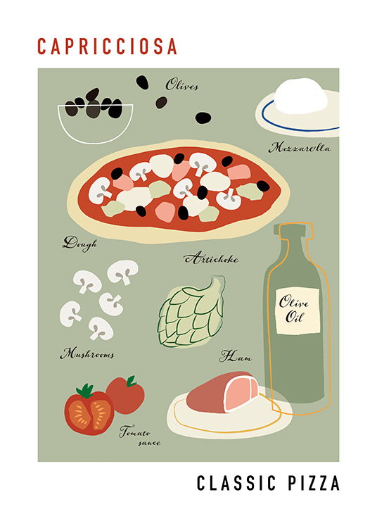  – Ilustración de diseño gráfico con los ingredientes de una pizza capricciosa y fondo verde grisáceo