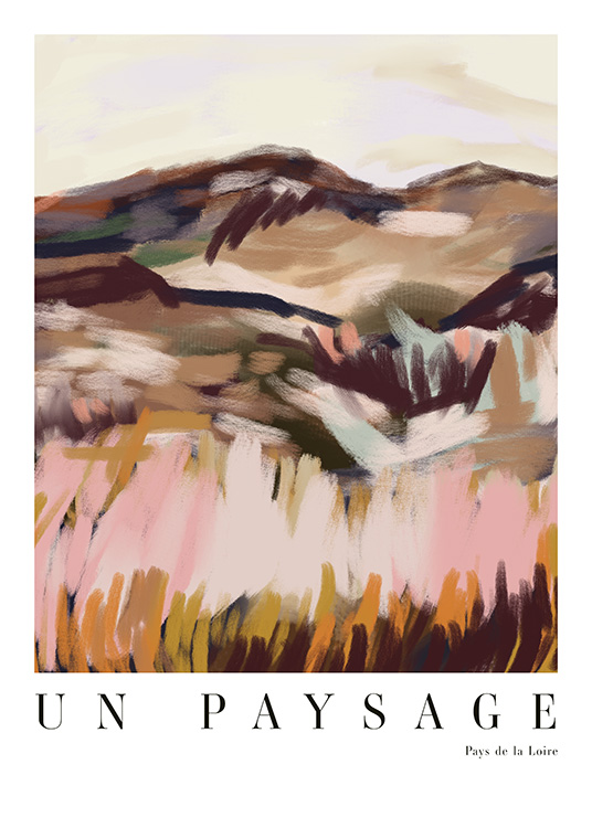  – Pintura abstracta de un paisaje en diferentes tonos de marrón y rosa y texto en la parte inferior del motivo