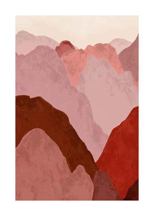  – Ilustración abstracta con un paisaje montañoso de color rojo y rosa
