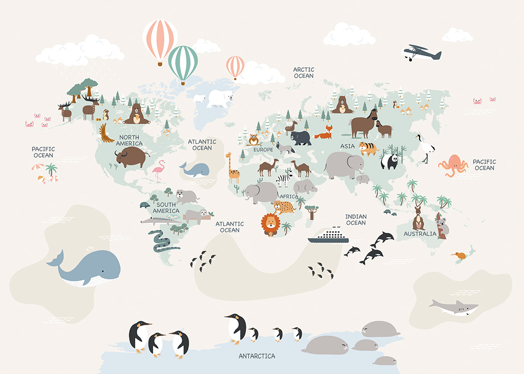  – Dibujo de un mapamundi con animales y continentes