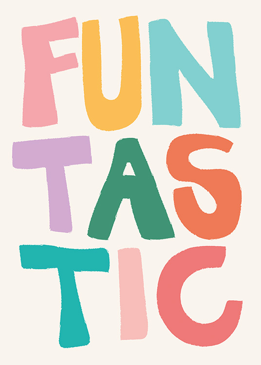  – Póster con la palabra «Funtastic» escrita en letras grandes y coloridas sobre un fondo de color claro