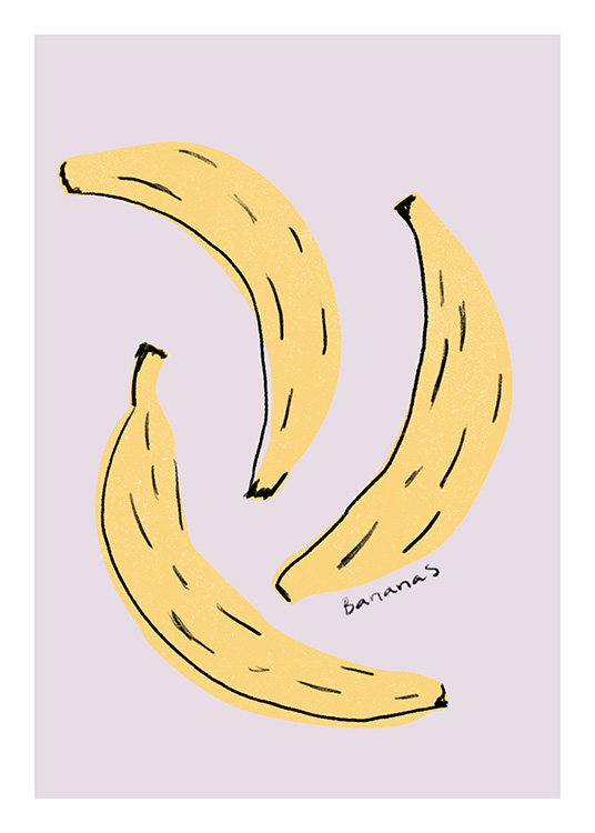  – Ilustración con tres bananas de color amarillo, fondo violeta y texto en letras negras