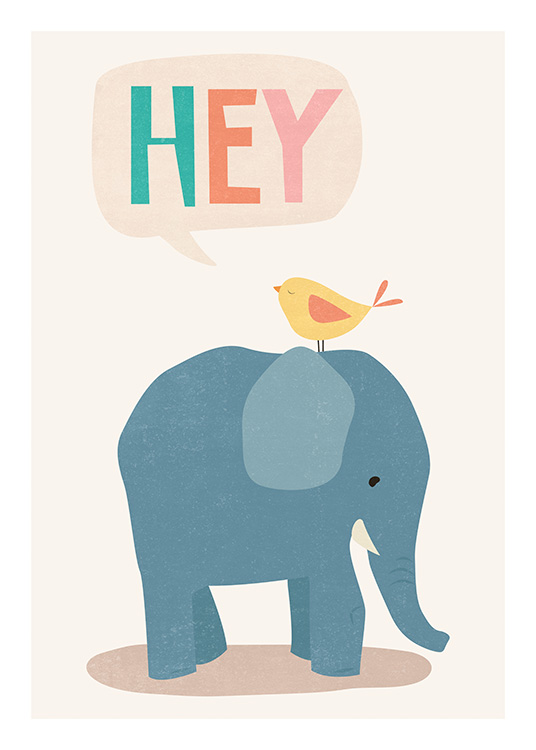  – Ilustración con un pájaro amarillo sentado sobre un elefante azul y una burbuja con la palabra «Hey»