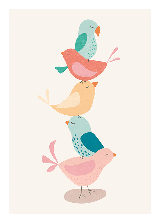  – Ilustración con pájaros multicolores balanceándose entre sí y fondo claro