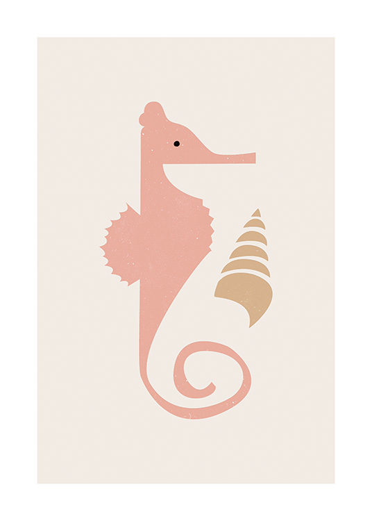  – Ilustración de diseño gráfico con una concha de color beis y un caballito de mar rosa, fondo beis claro