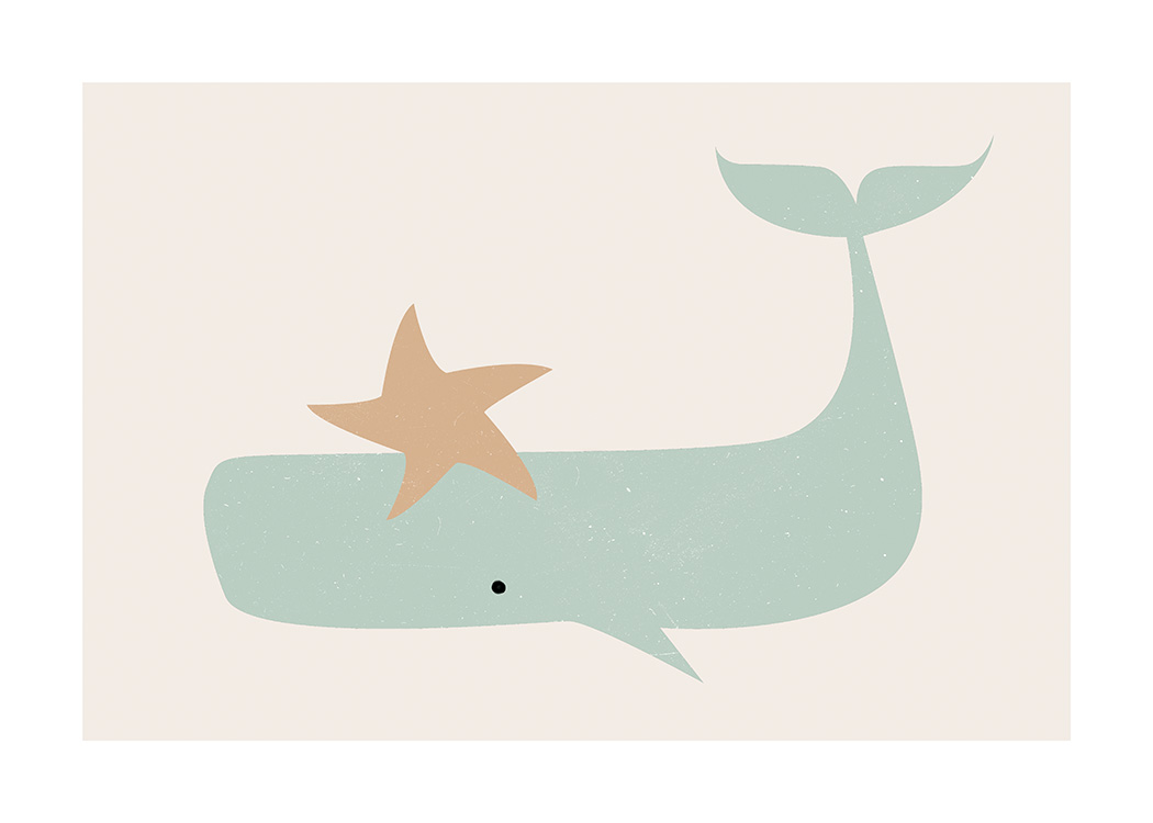  – Ilustración de diseño gráfico con una ballena verde, una estrella beis y fondo beis claro