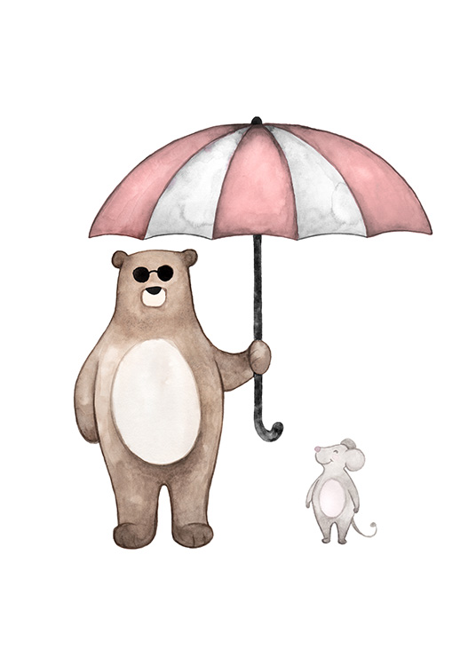  – Ilustración en acuarela con fondo blanco y un ratoncito y un oso con gafas de sol y un paraguas