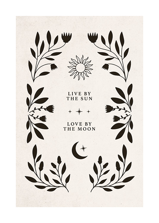 – Ilustración de diseño gráfico con una frase y un sol y una luna entre hojas y flores negras