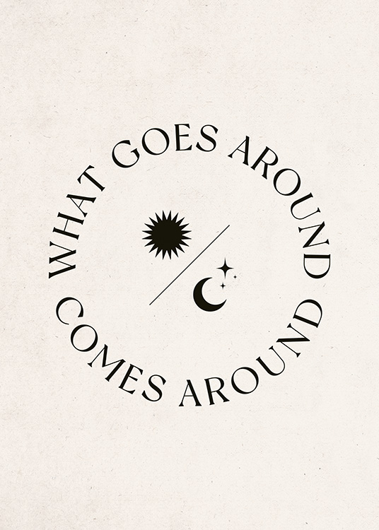  – Ilustración de diseño gráfico con una frase en forma de círculo que rodea el dibujo de un sol y una luna. El texto dice: «What goes around comes around»