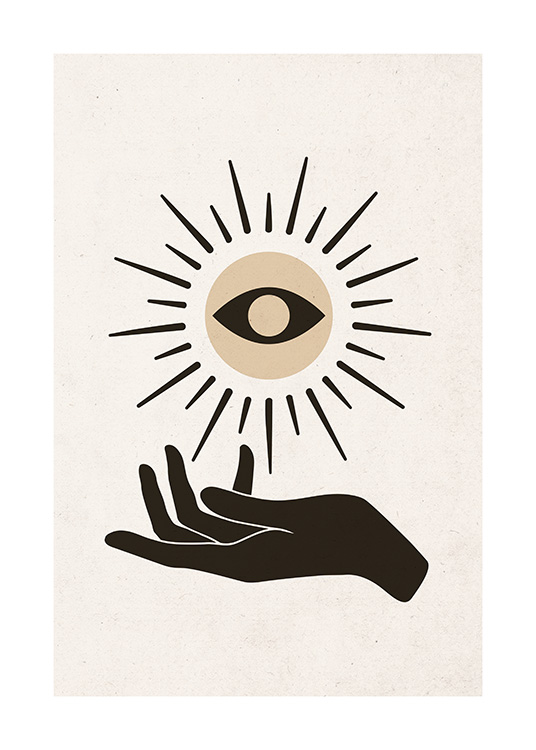  – Ilustración de diseño gráfico con un sol y un ojo en el centro y una mano negra debajo