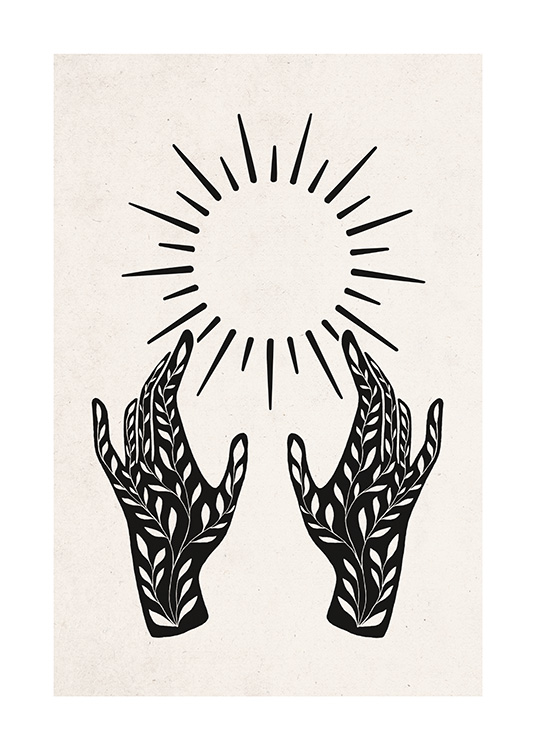  – Ilustración de diseño gráfico con rayos de sol arriba de unas manos negras con un patrón de hojas y fondo beis con textura