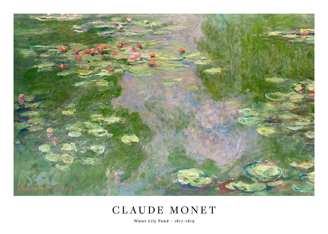  – Pintura de Monet con nenúfares y hojas flotando en una laguna