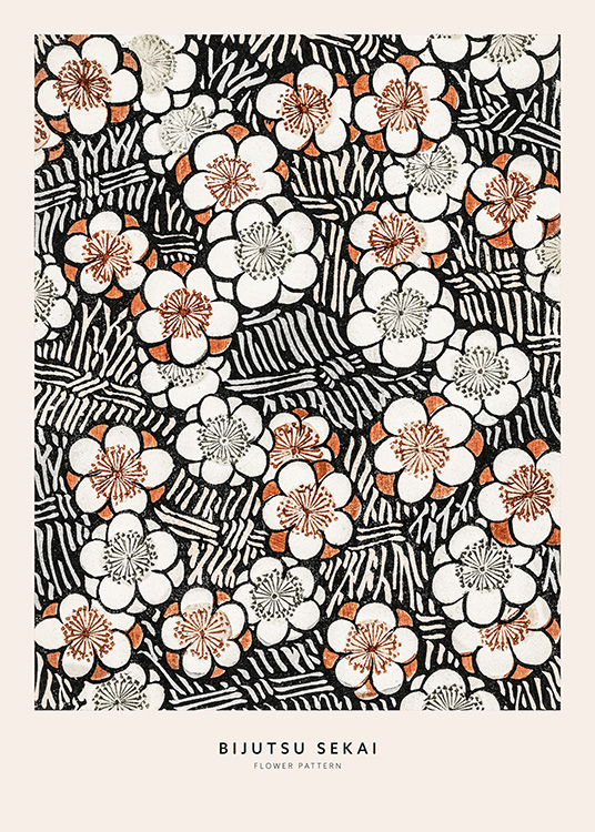  – Ilustración con un diseño floral en negro y marrón y texto en la parte inferior del motivo