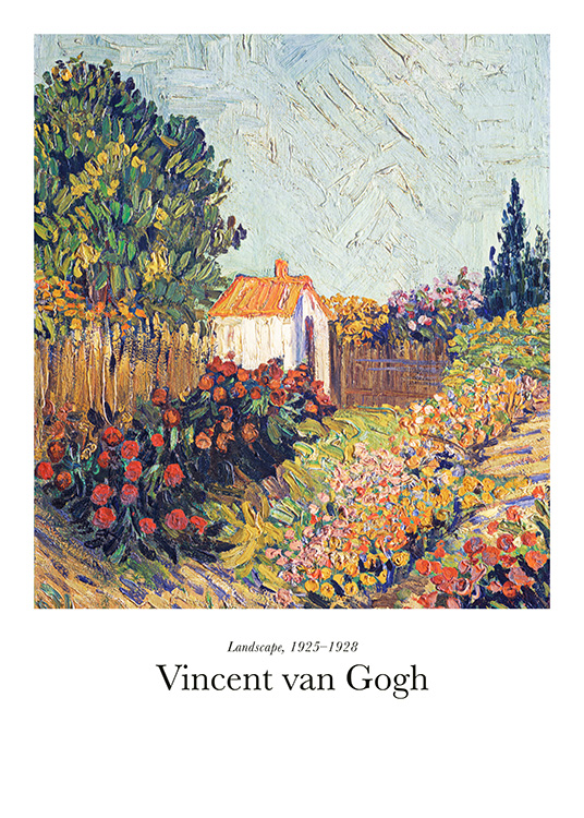  – Pintura con un jardín de flores de muchos colores y una pequeña cabaña al fondo de la imagen