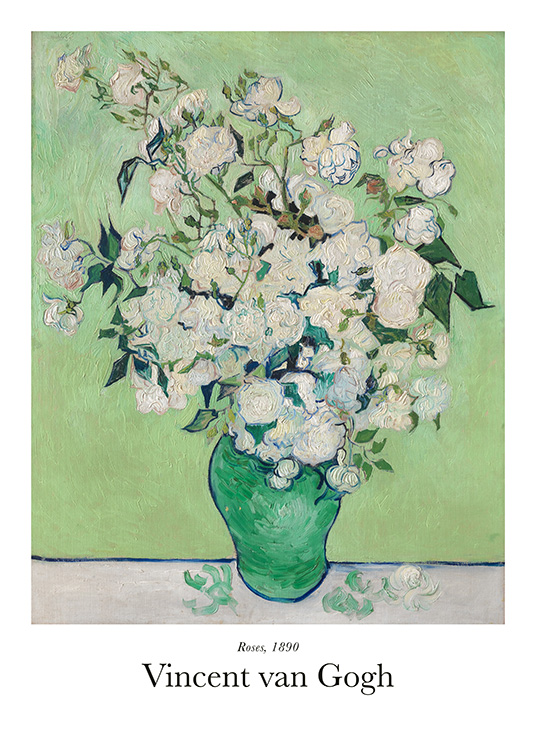  – Pintura con un florero verde y un ramo grande de rosas blancas, fondo verde
