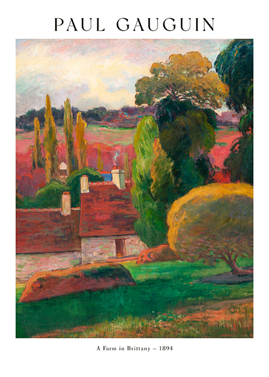  – Pintura con un paisaje colorido de color rojo y verde con dos casas en el centro del motivo