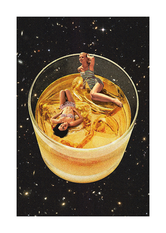  – Ilustración con un vaso de whisky en el espacio y dos mujeres dentro con bañadores antiguos