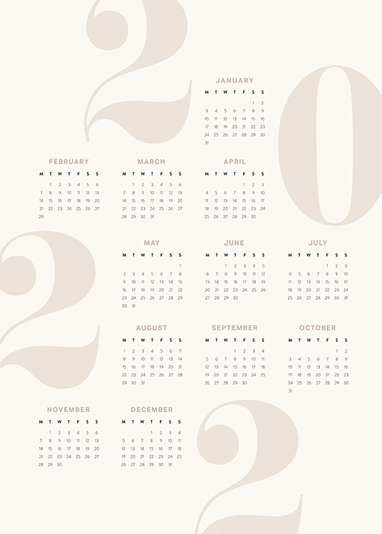  – Calendario anual para el 2022 con fondo beis y letras y números en negro