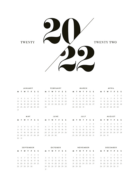  – Calendario anual para el año 2022 con todos los meses y fechas en negro y fondo blanco