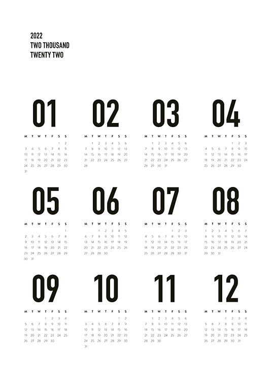  – Póster con todo el calendario para el 2022, letras y números en negro y fondo blanco