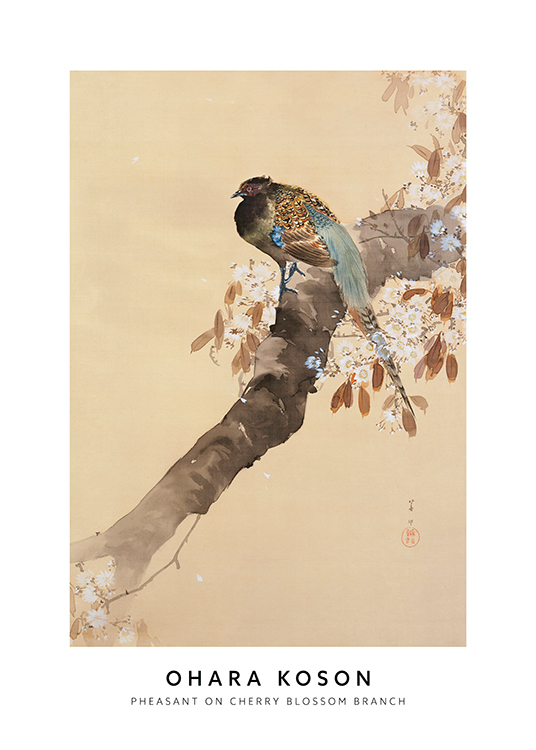 – Pintura con un pájaro apoyado sobre un rama con flores de cerezo