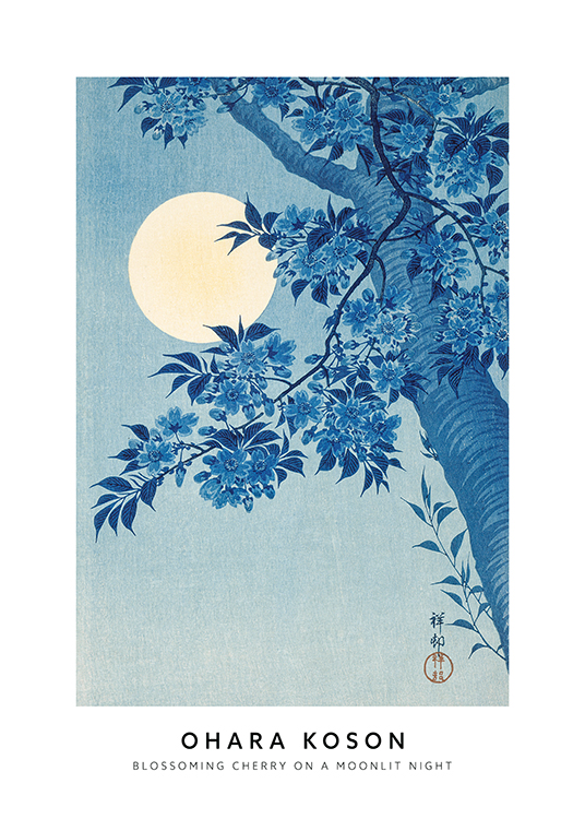 – Pintura con un cerezo en tonos de azul, fondo azulado y una luna