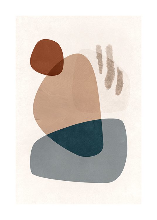 – Ilustración de diseño gráfico con fondo claro y figuras abstractas en azul grisáceo y marrón