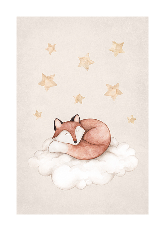 – Ilustración en acuarela con un zorrito durmiendo en una nube y estrellas arriba