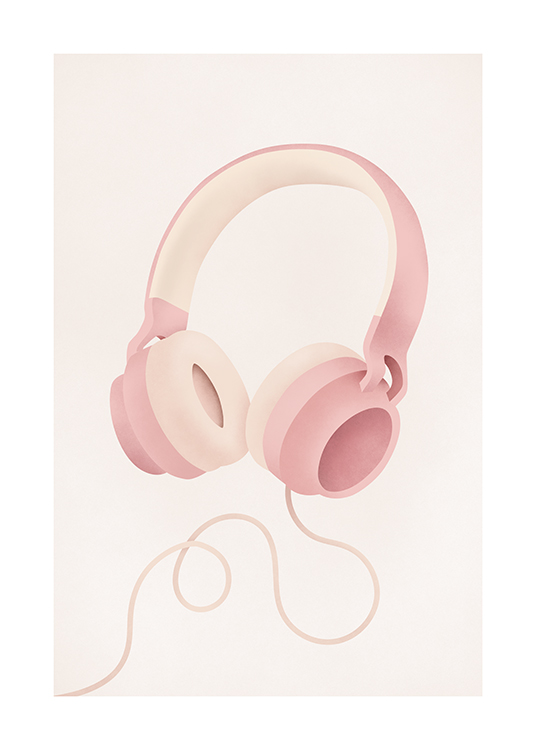 – Ilustración con auriculares rosados y un cable, fondo beis claro