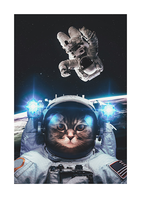 – Ilustración de un gato astronauta con la Tierra y un astronauta detrás