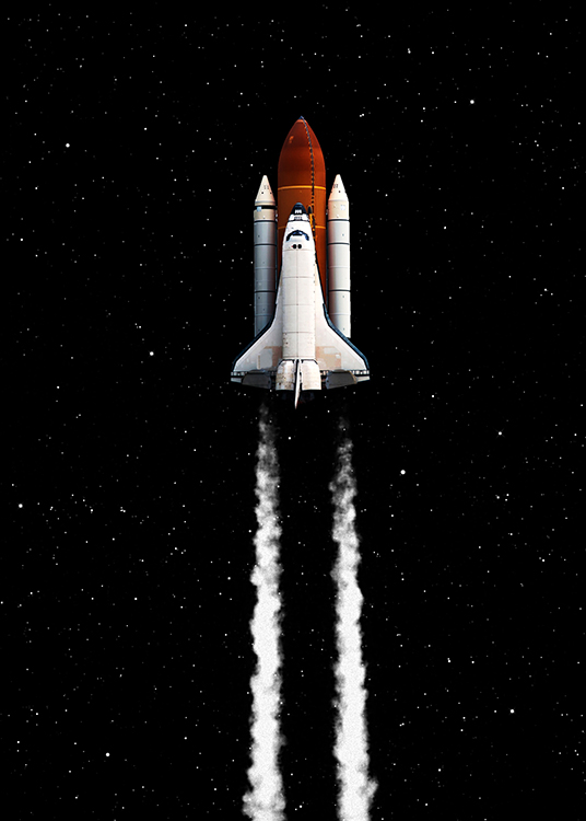 – Ilustración de un transbordador espacial blanco y rojo lanzándose al espacio