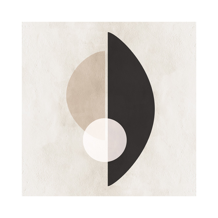– Cuadro de estilo gráfico con base beis y círculos en beis, blanco y negro