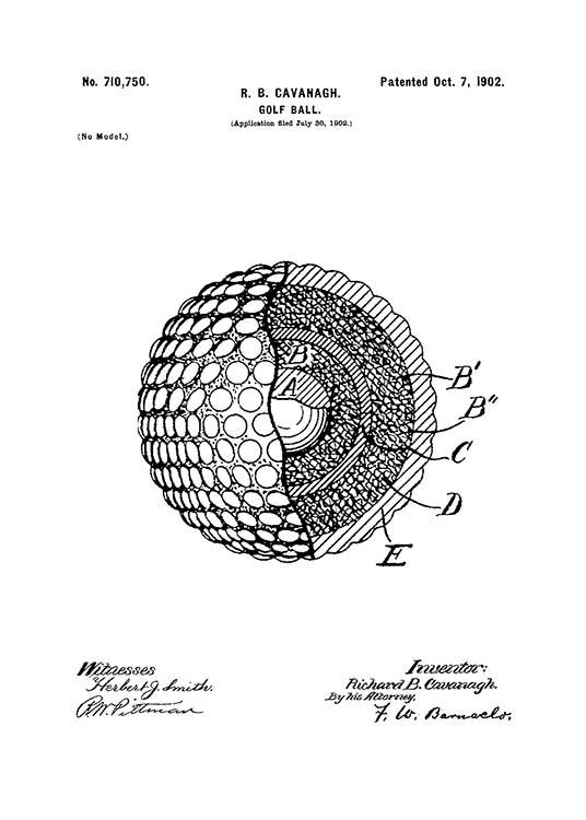 Golf Ball Patent Poster / Blanco y negro con Desenio AB (2134)