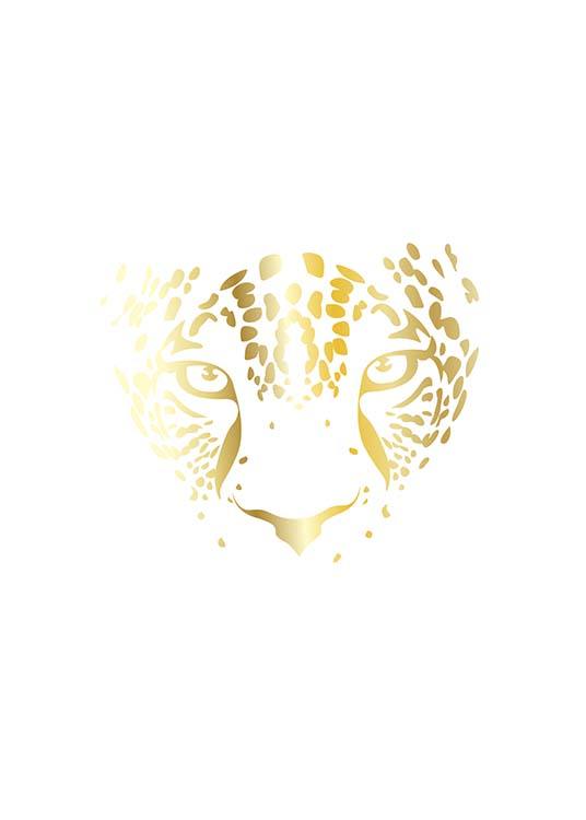  – Ilustración de la cabeza de un leopardo en dorado y fondo blanco.