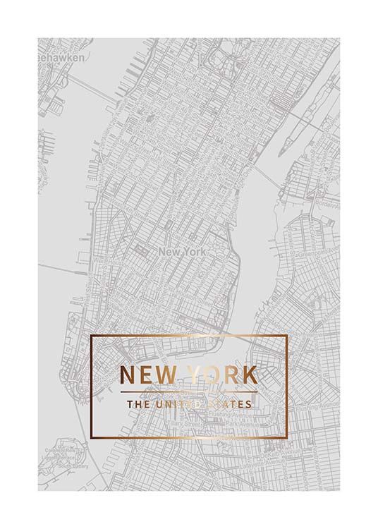  – Mapa de Nueva York en tonos de gris con un recuadro delineado en dorado en la parte inferior del motivo.