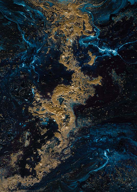  – Pintura abstracta al óleo en tonos de azul y con remolinos dorados