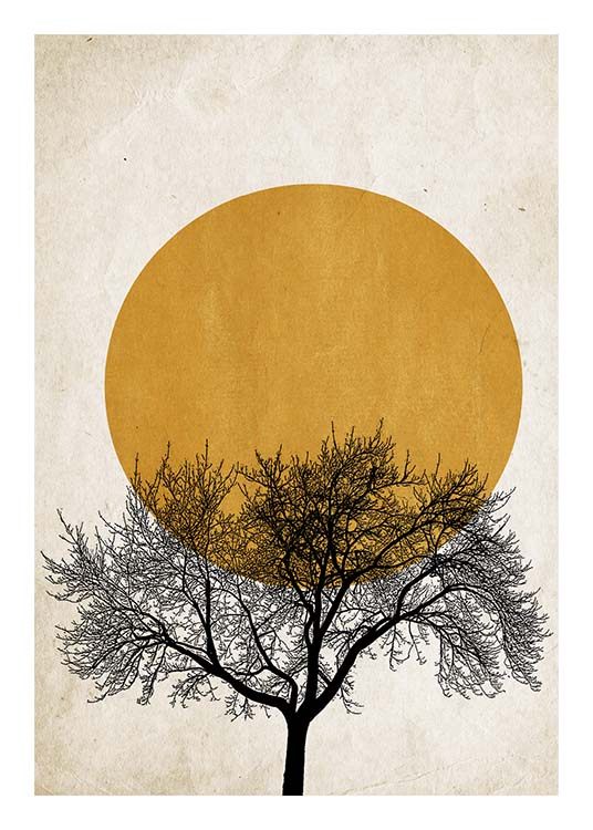  – Dibujo de diseño gráfico con un sol amarillo oscuro y un árbol negro delante, fondo beis