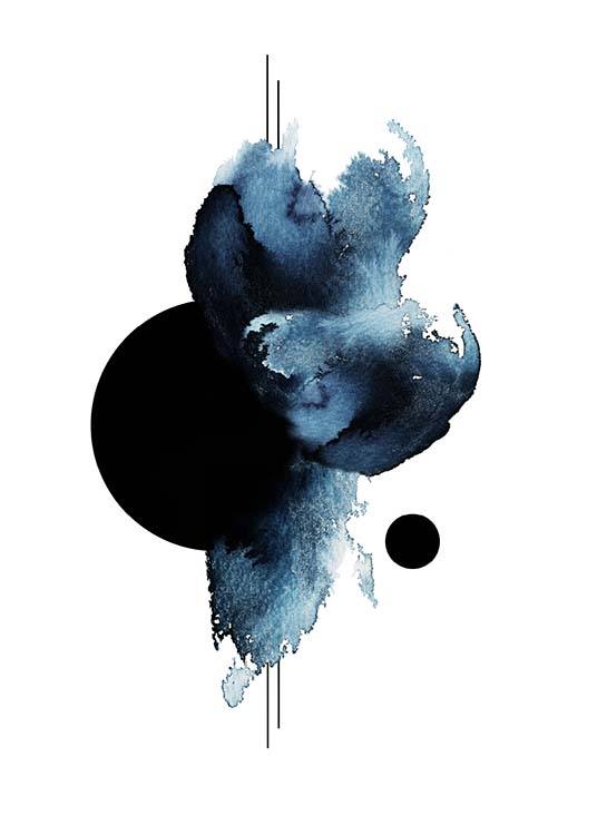  – Pintura abstracta en acuarela con formas azules y negras, fondo blanco