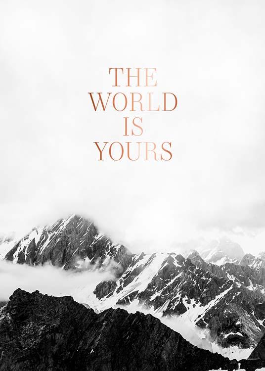  – Fotografía en blanco y negro de una montaña con picos nevados y la siguiente cita en color cobre: “The world is yours”.