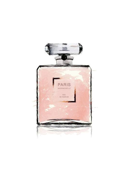 – Ilustración en acuarela color rosa de un perfume de Chanel con la palabra PARIS escrita en el frasco