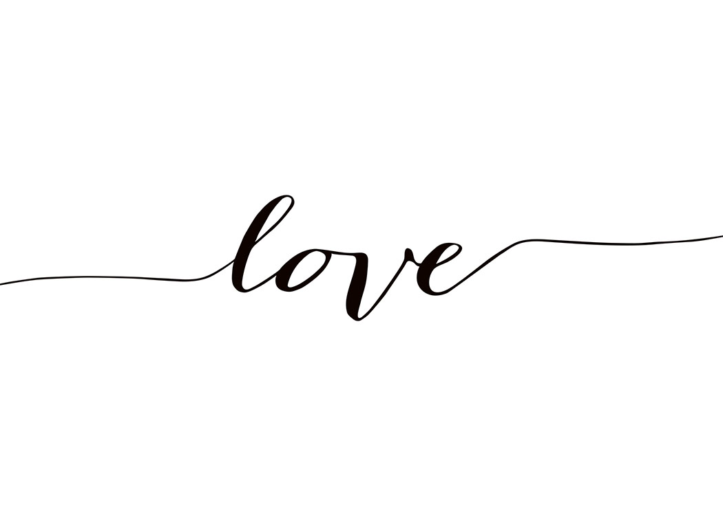 – Póster con la palabra “Love” escrita en letra cursiva con líneas que extienden los extremos de la palabra de lado a lado del motivo horizontal
