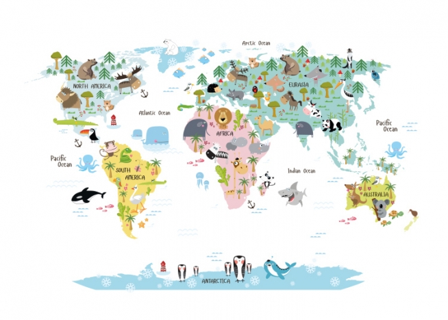  – Mapamundi ilustrado con animales en los diferentes continentes