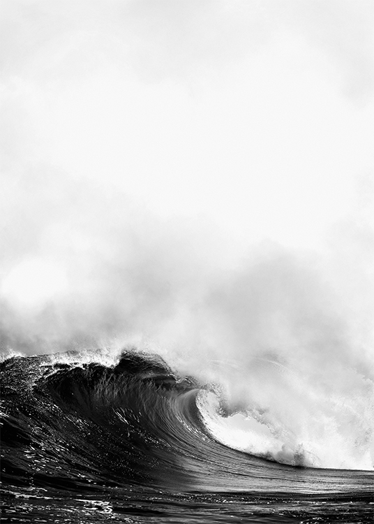 – Fotografía en blanco y negro de una ola grande en el océano