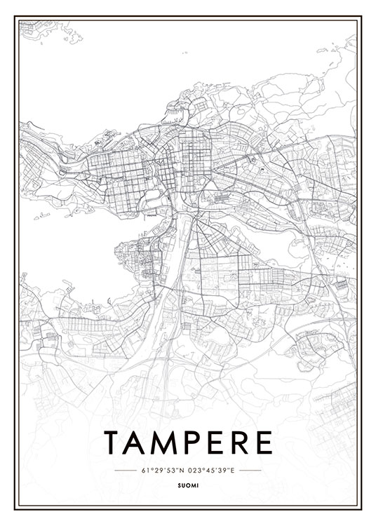 – Póster de la ciudad de Tampere en blanco y negro 
