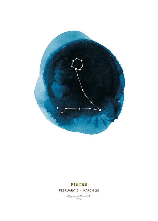  – Ilustración en acuarela del signo zodiacal de Piscis con las fechas del signo debajo.